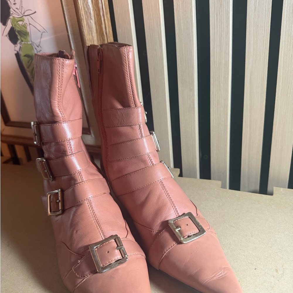 Bronx Pink Pointed Buckle Ankle Boots